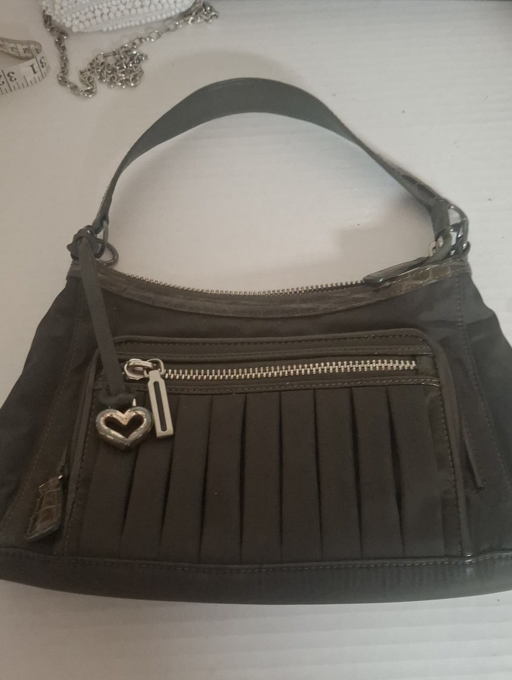 Vintage Brighton Olive Green Nylon Pleated Hobo Shoulder Bag